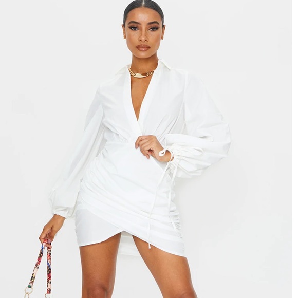 PrettyLittleThing Dresses & Skirts - White Plunge Ruched Tie Cuff Shirt Bodycon Dress